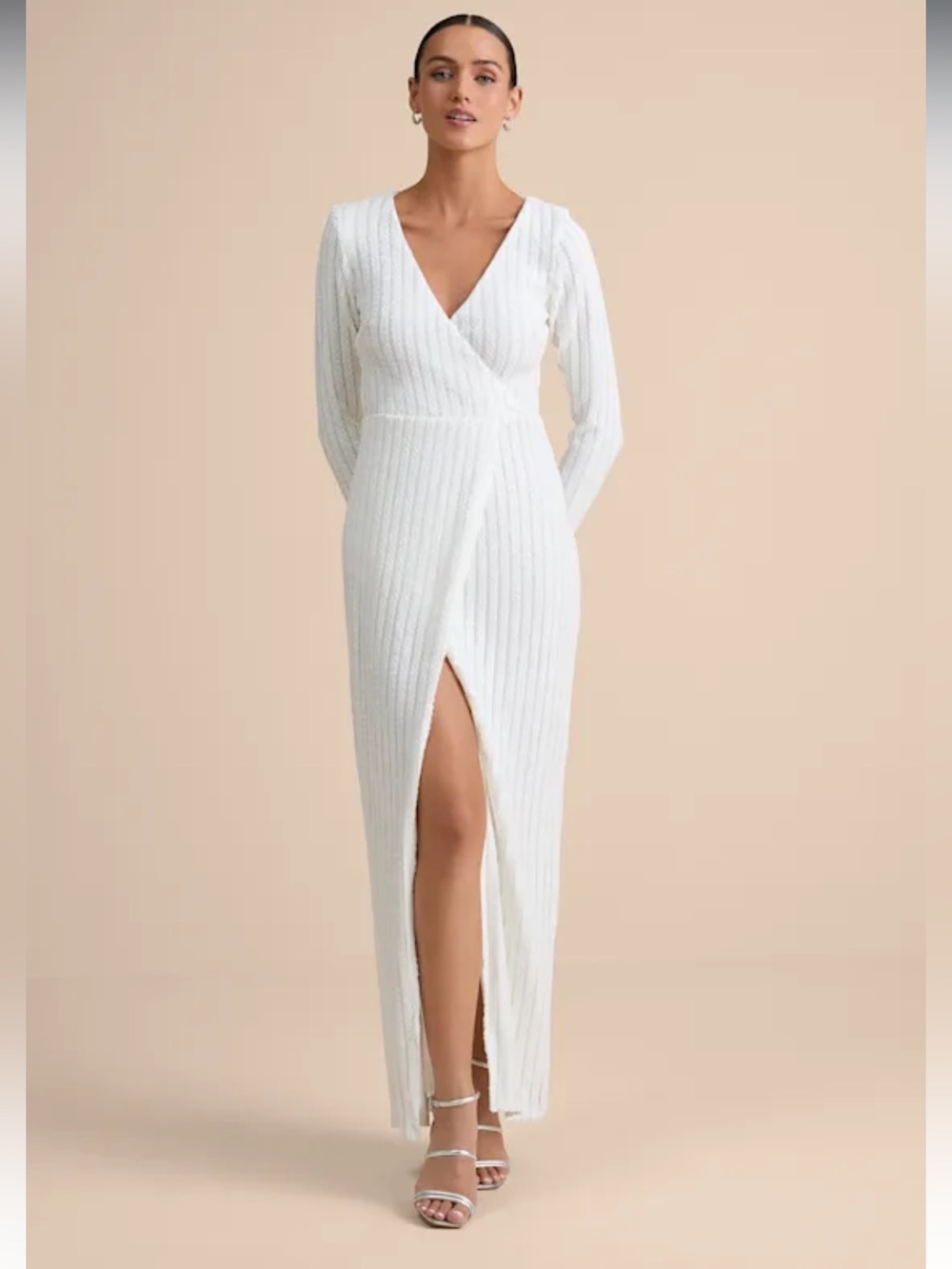 Lulu's White Sequin V-Neck Long Sleeve Dress
